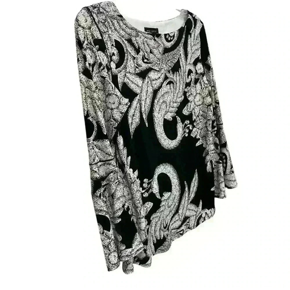 Eva Varro black/white tunic sz S,3/4 Flowy bottom sleeve, stunning peacock print - Picture 2 of 7